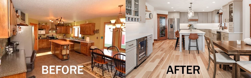 before and after of main floor remodel project